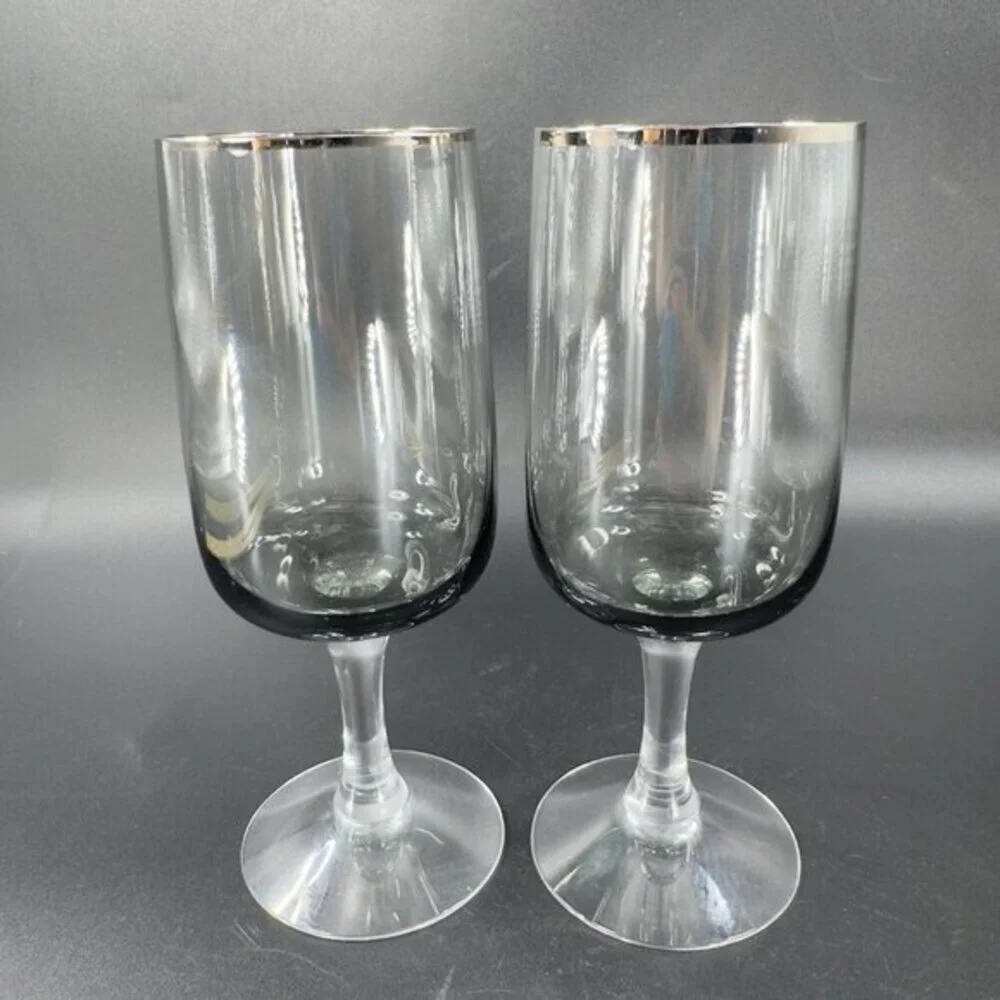 Fostoria Cherish Smoke Grey and Platinum Trim Set 2 Drinking Glasses Cups‎ Glass